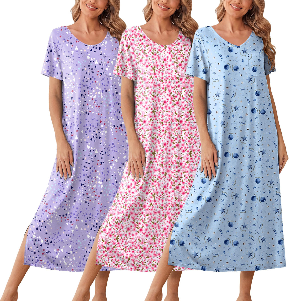 Ekouaer Long Nightgowns for Women 3 Pack Plus Size Short Sleeve House Dress