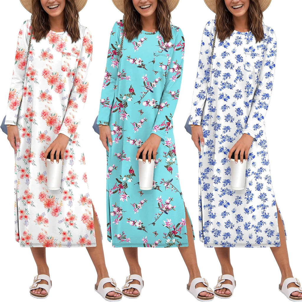 Ekouaer 3 Pack Long Sleeve Full Length Chest Pocket Nightgowns for Women