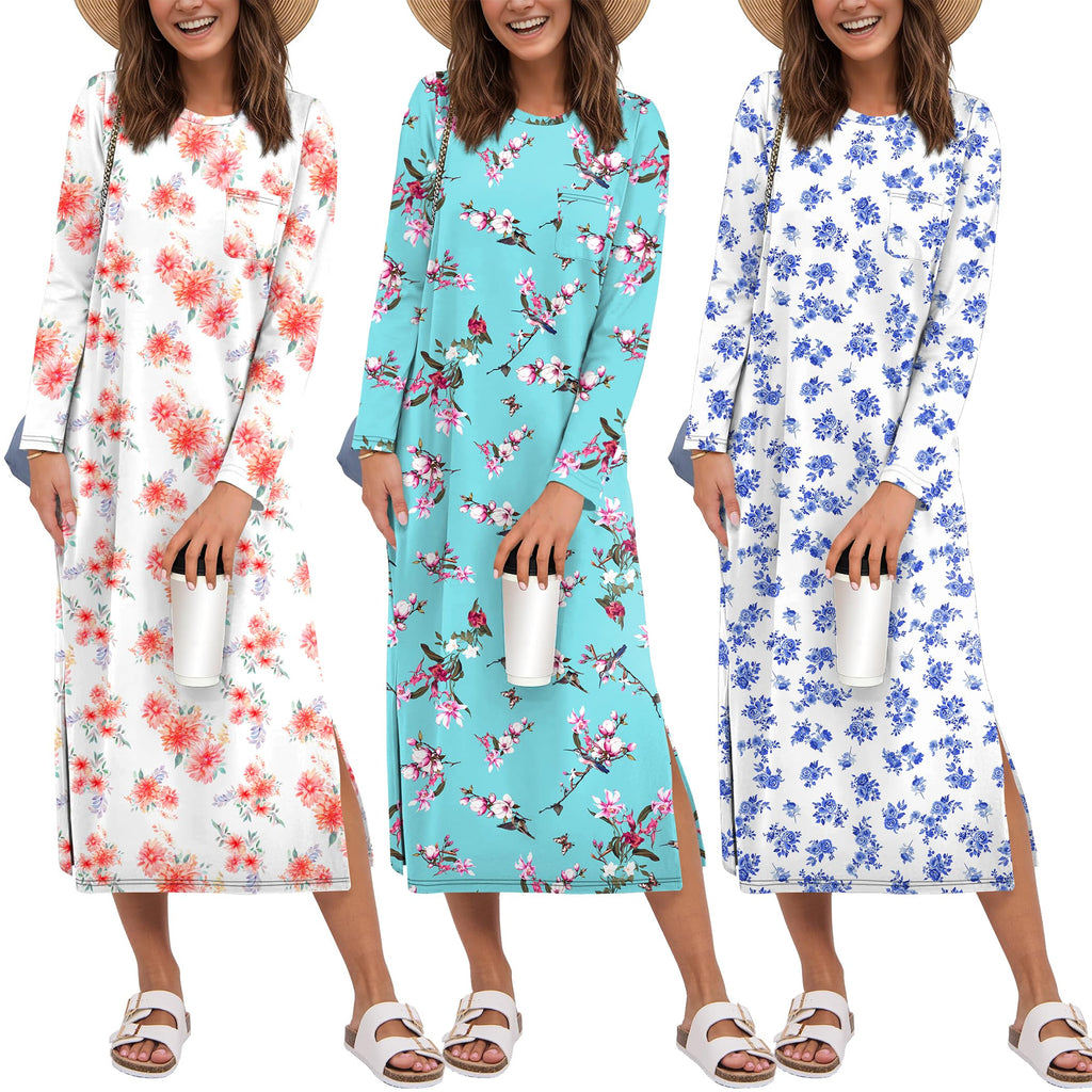 Ekouaer 3 Pack Long Sleeve Full Length Chest Pocket Nightgowns for Women
