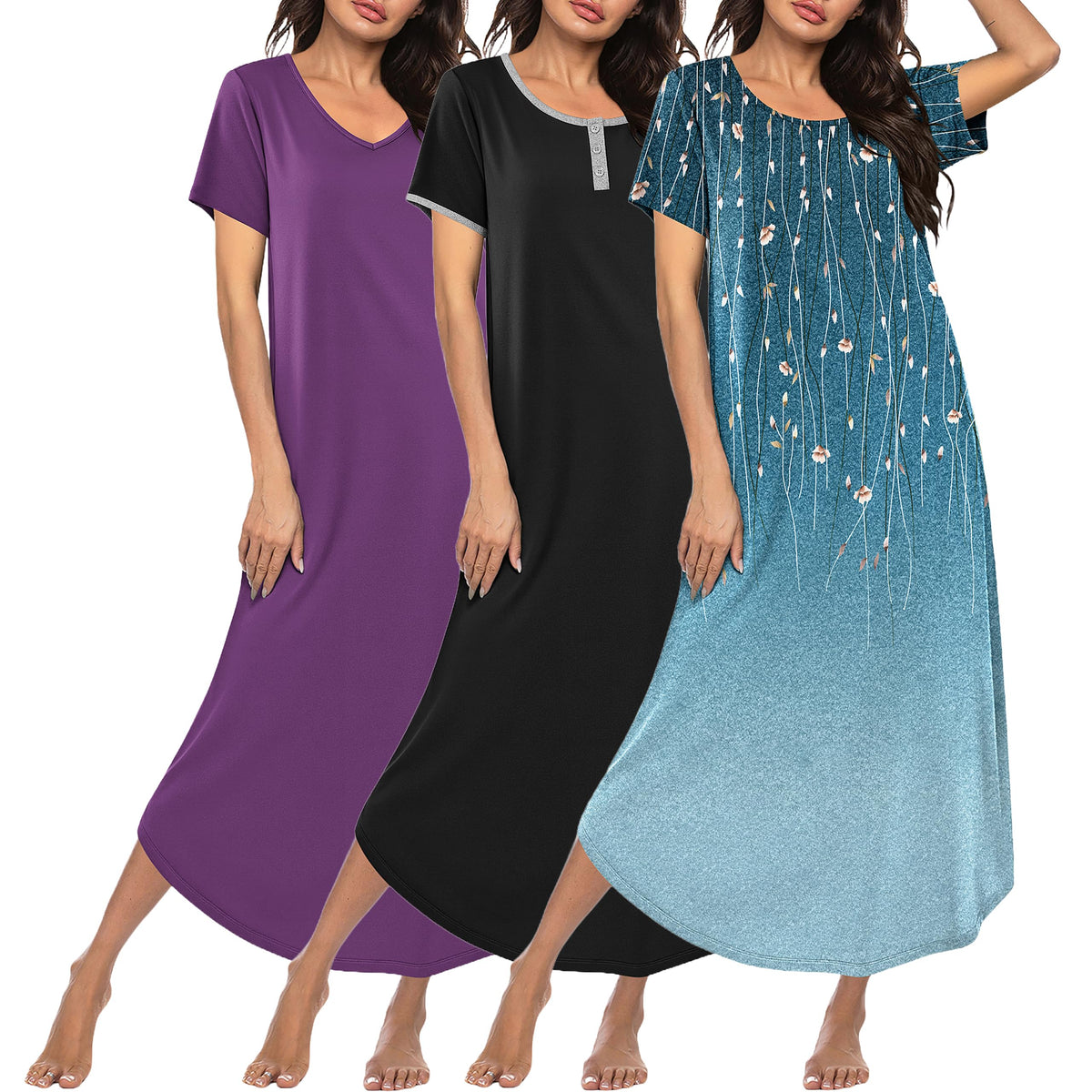 Ekouaer Long Nightgowns for Women 3 Pack Plus Size House Dress Soft Moo Moo