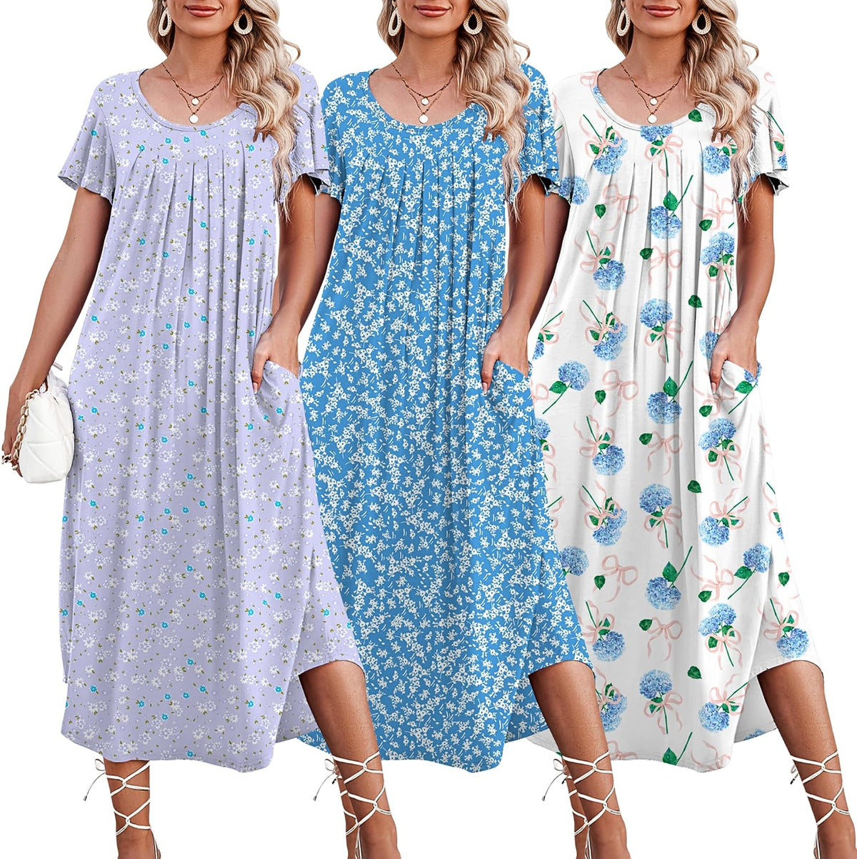 Ekouaer 3 Pack Long Nightgowns for Women House Dress with Pocket Moo Moos