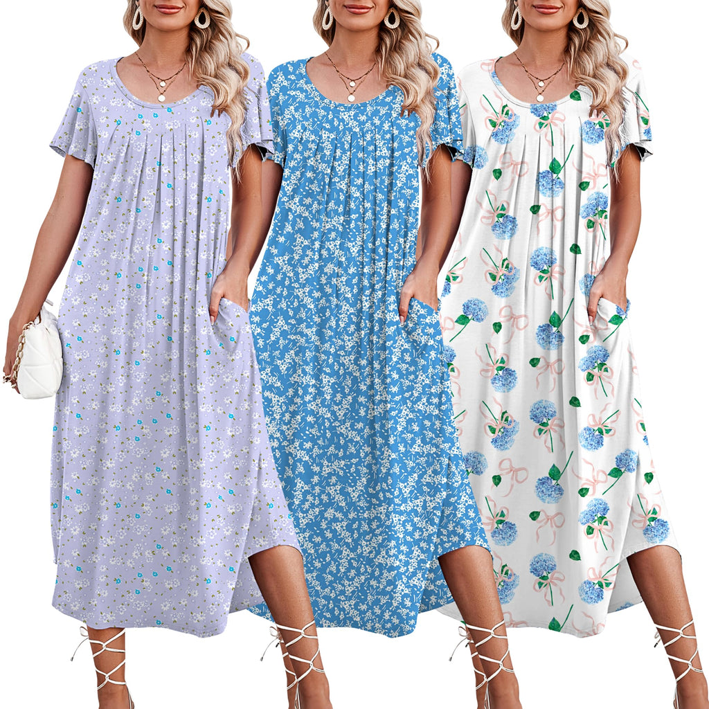 Ekouaer 3 Pack Long Nightgowns for Women House Dress with Pocket Moo Moos
