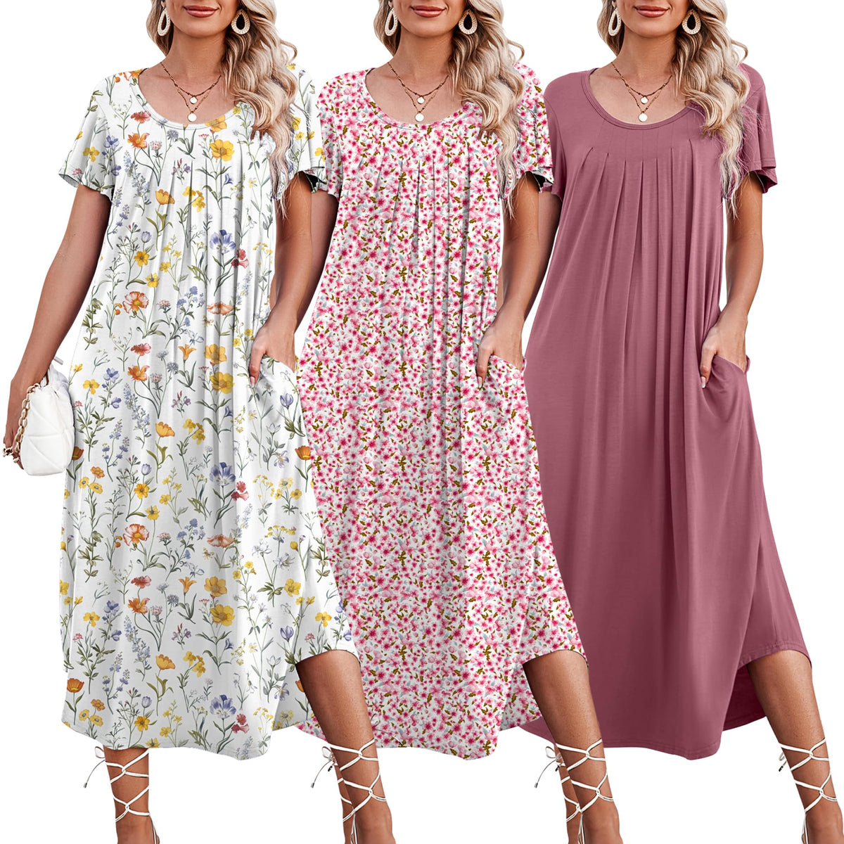 Ekouaer 3 Pack Long Nightgowns for Women House Dress with Pocket Moo Moos