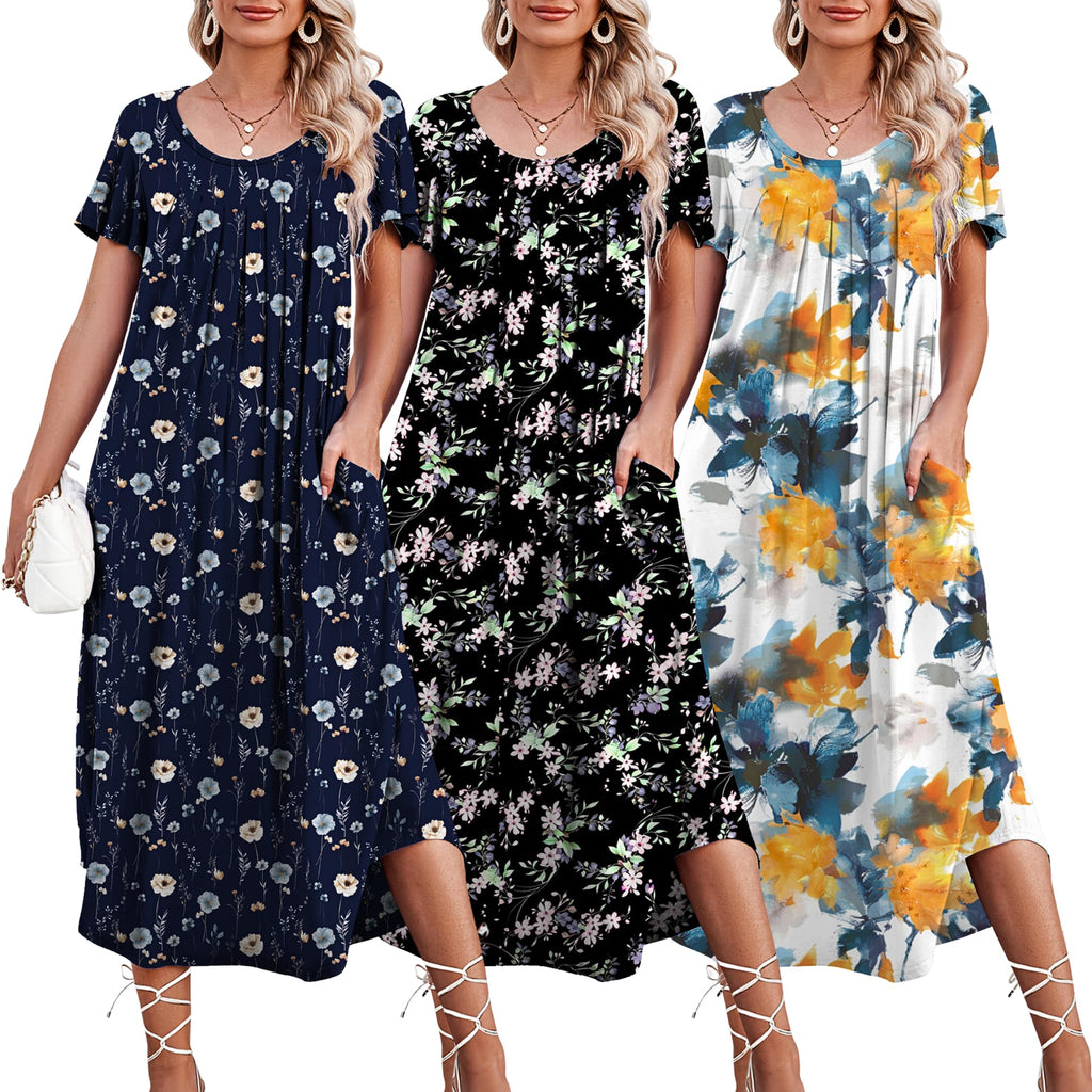 Ekouaer 3 Pack Long Nightgowns for Women House Dress with Pocket Moo Moos