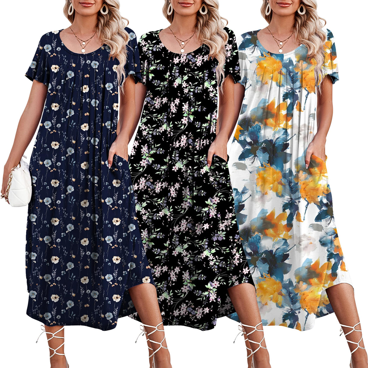 Ekouaer 3 Pack Long Nightgowns for Women House Dress with Pocket Moo Moos