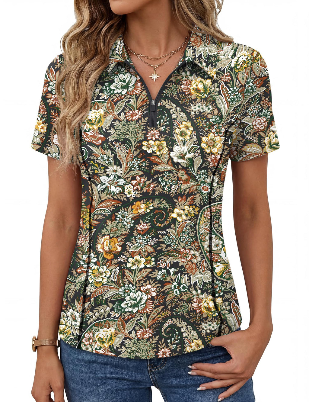 LOMON Women’s Short Sleeve Athletic Polo Shirt High Performance Stretch Quarter Zip Top for Golf Tennis