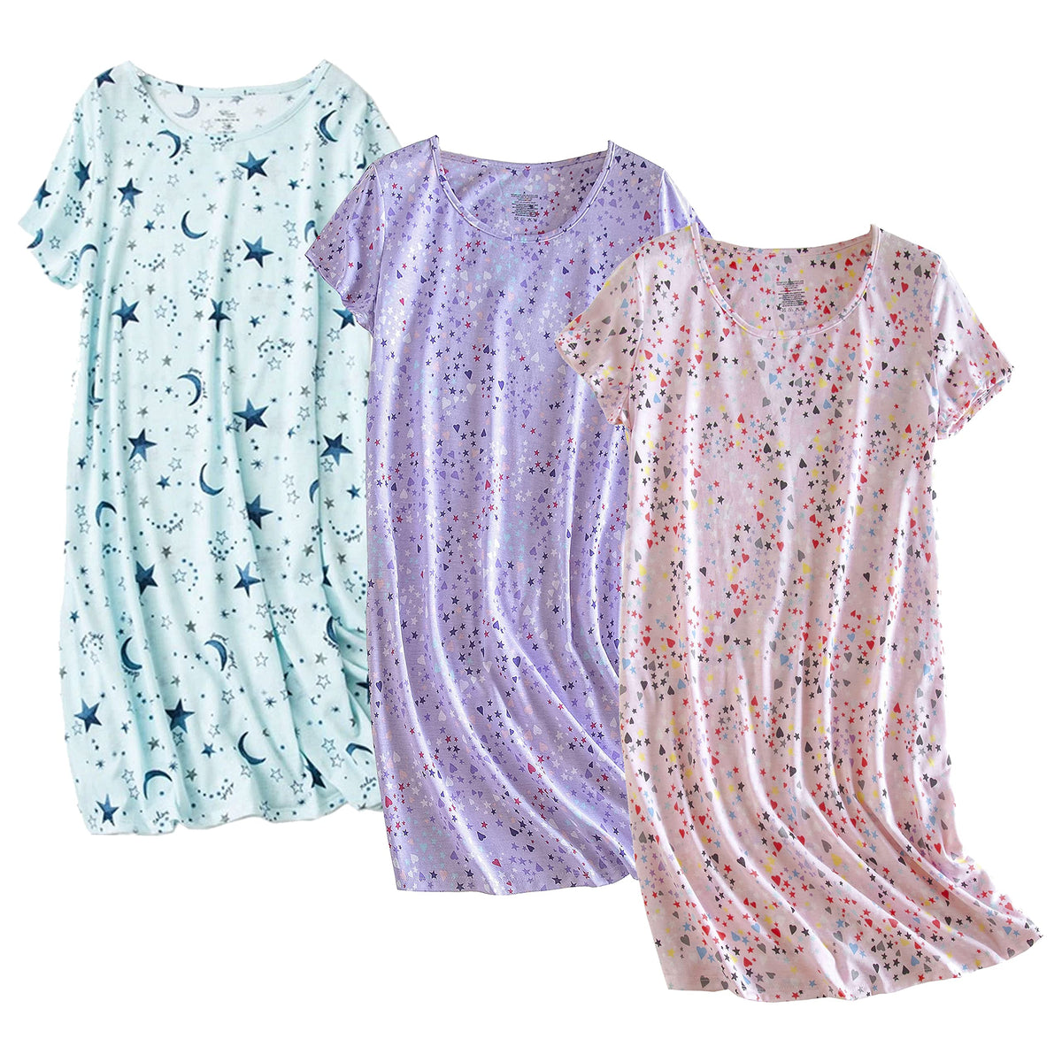 PNAEONG 3 Pack Women's Cotton Nightgown Short Sleeve Shirt Print Sleepdress