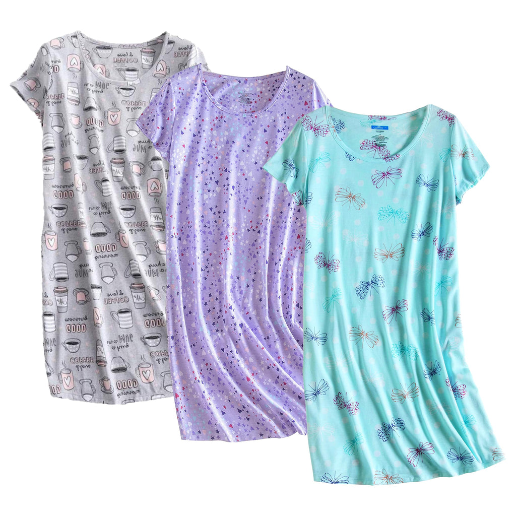 PNAEONG 3 Pack Women's Cotton Nightgown Short Sleeve Shirt Print Sleepdress