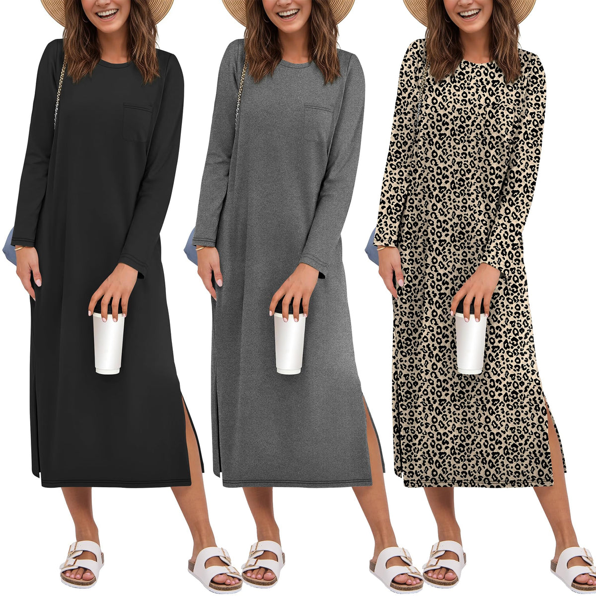 Ekouaer 3 Pack Long Sleeve Full Length Chest Pocket Nightgowns for Women