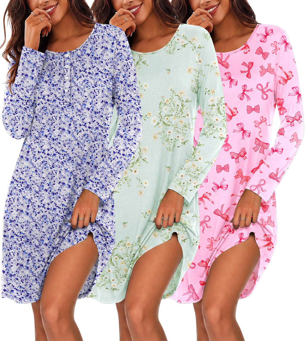 Ekouaer 3 Pack Nightgowns for Women Long Sleeve Sleepshirt Soft Nightshirt