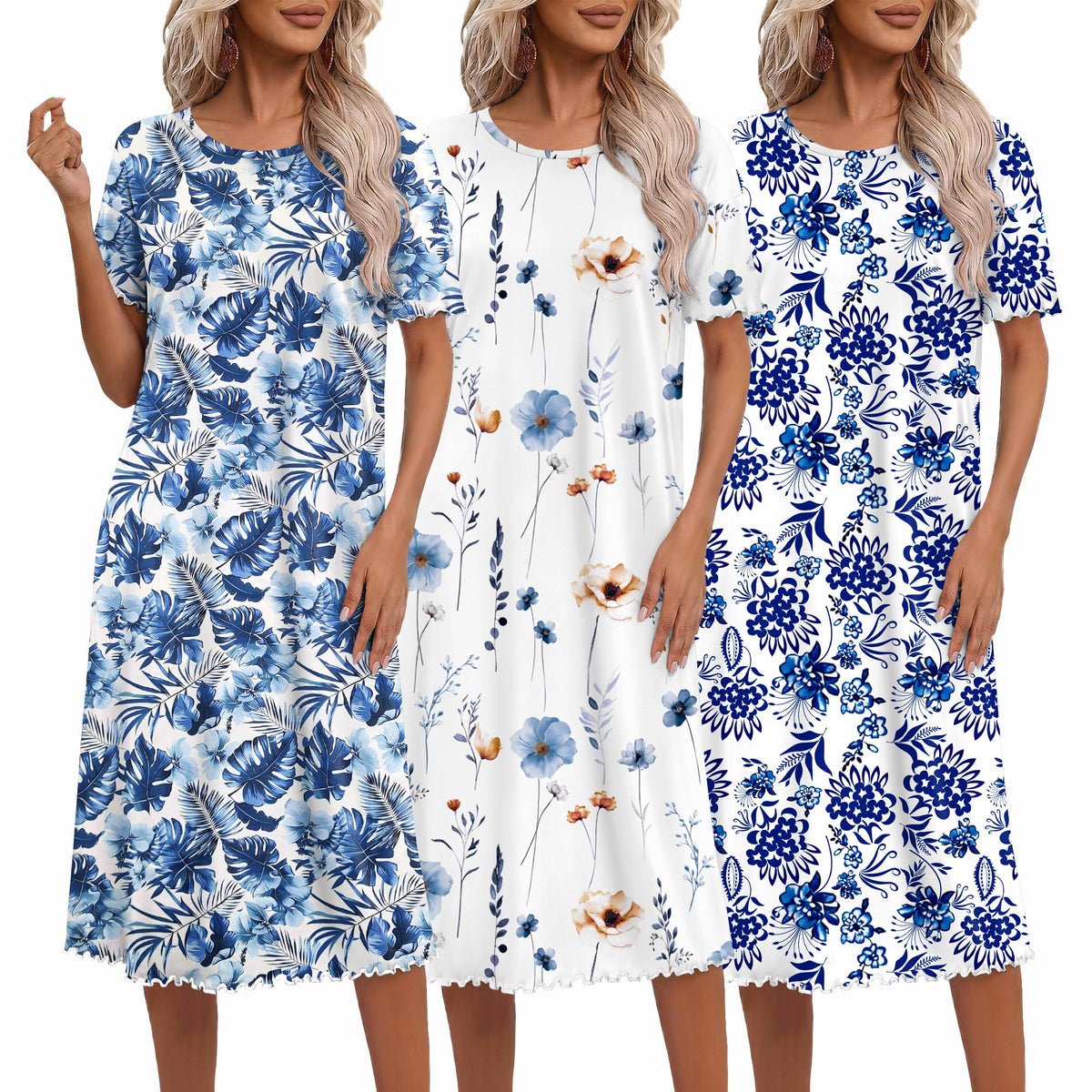 Ekouaer 3 Pack Long Nightgowns for Women Ruffle House Dress