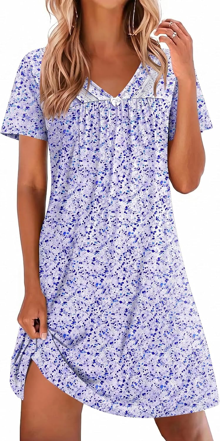 Ekouaer Nightgowns for Women V Neck Sleepshirt Short Sleeve Nightdress Lace Trim Night Gown House Dress with Pockets