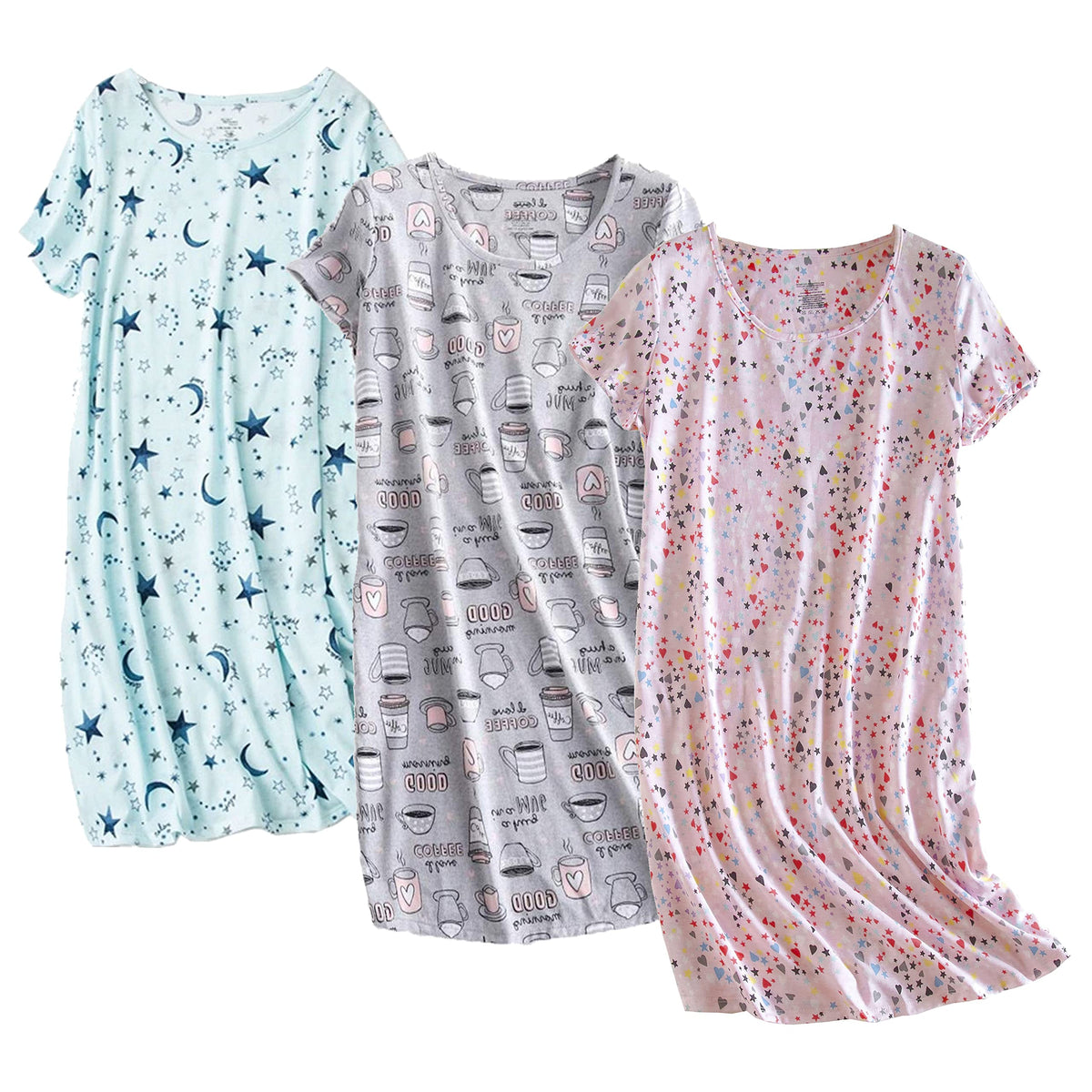 PNAEONG 3 Pack Women's Cotton Nightgown Short Sleeve Shirt Print Sleepdress