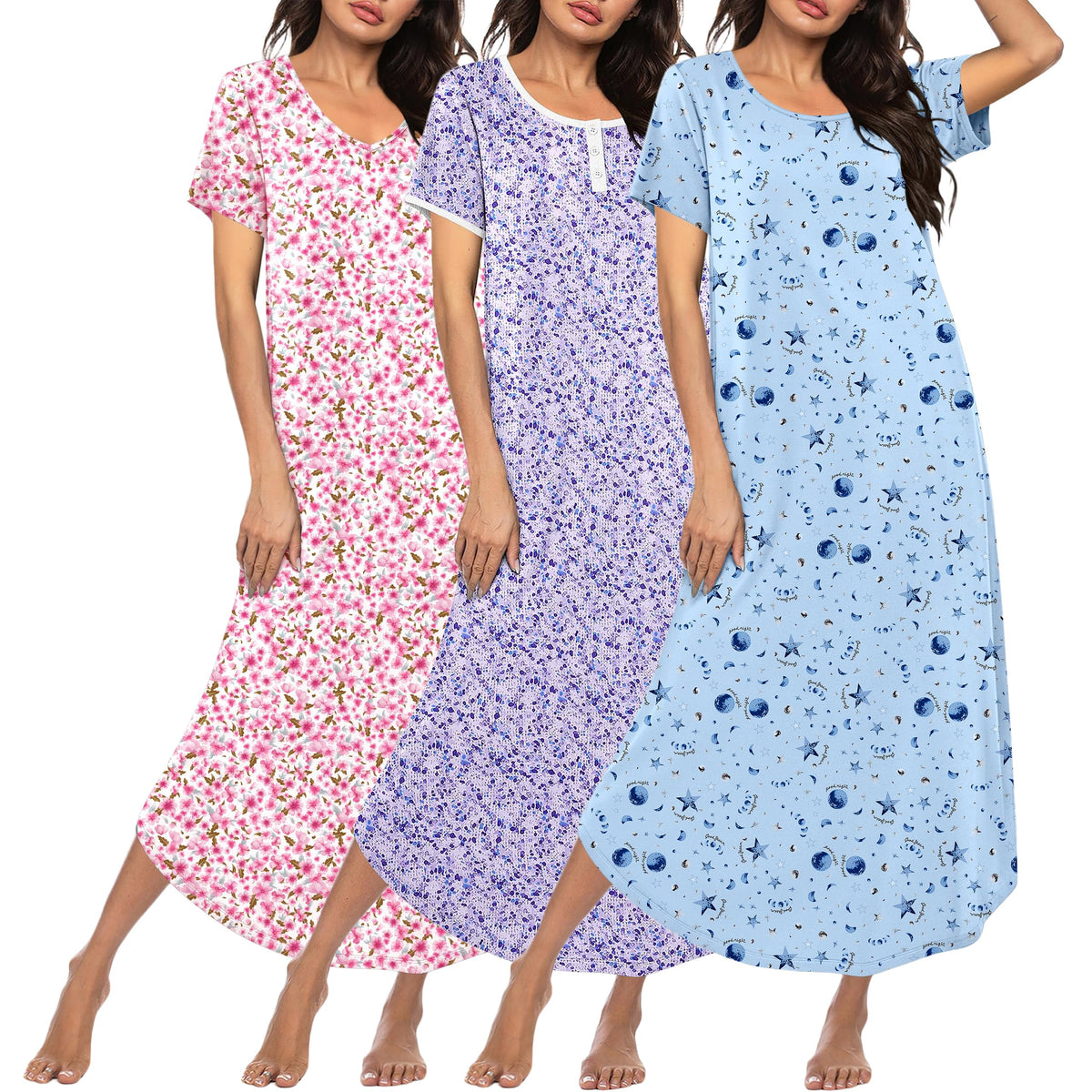 Ekouaer Long Nightgowns for Women 3 Pack Plus Size House Dress Soft Moo Moo