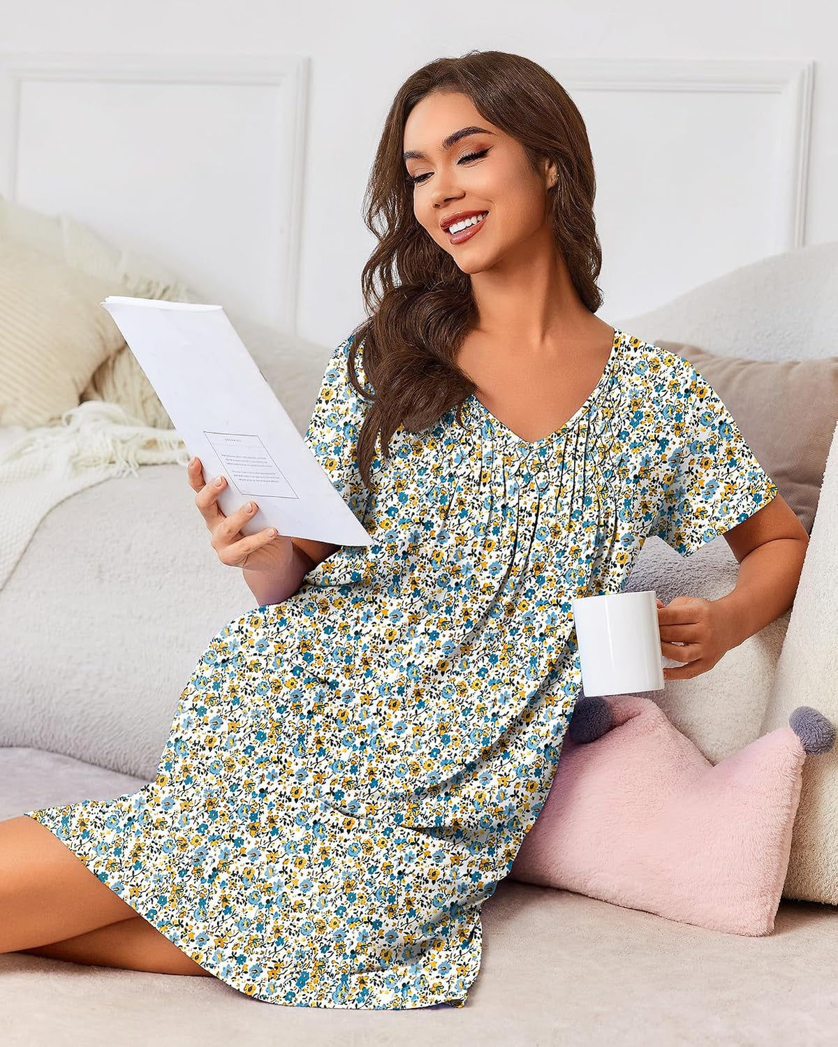 Ekouaer Nightgowns for Women with Pockets House Dress Pleated Night Gowns
