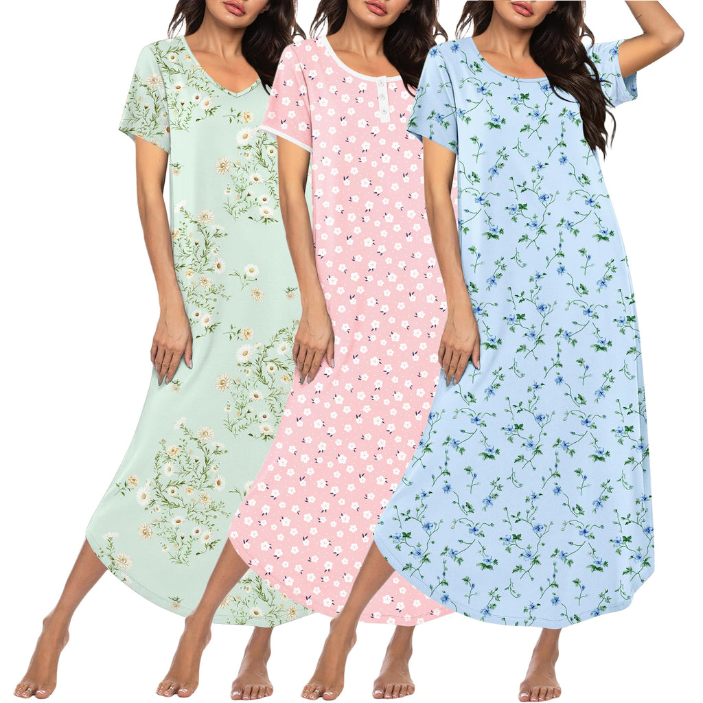 Ekouaer Long Nightgowns for Women 3 Pack Plus Size House Dress Soft Moo Moo