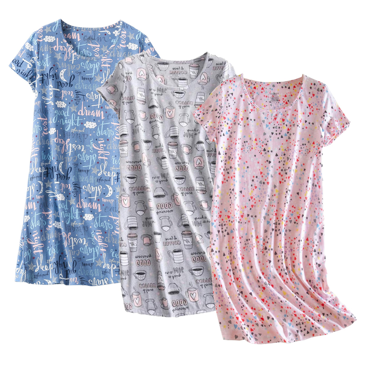 PNAEONG 3 Pack Women's Cotton Nightgown Short Sleeve Shirt Print Sleepdress