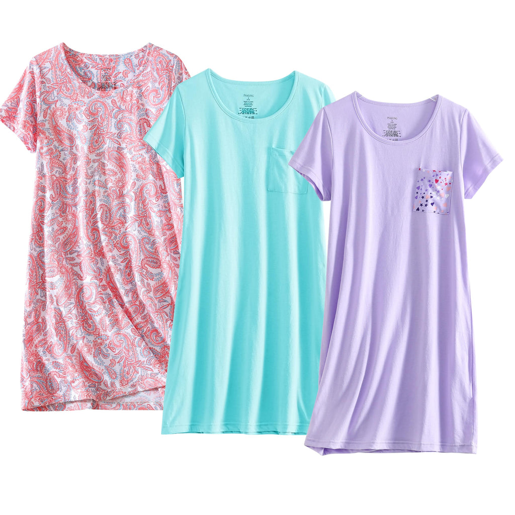 PNAEONG 3 Pack Women's Cotton Nightgown Short Sleeve Shirt Print Sleepdress