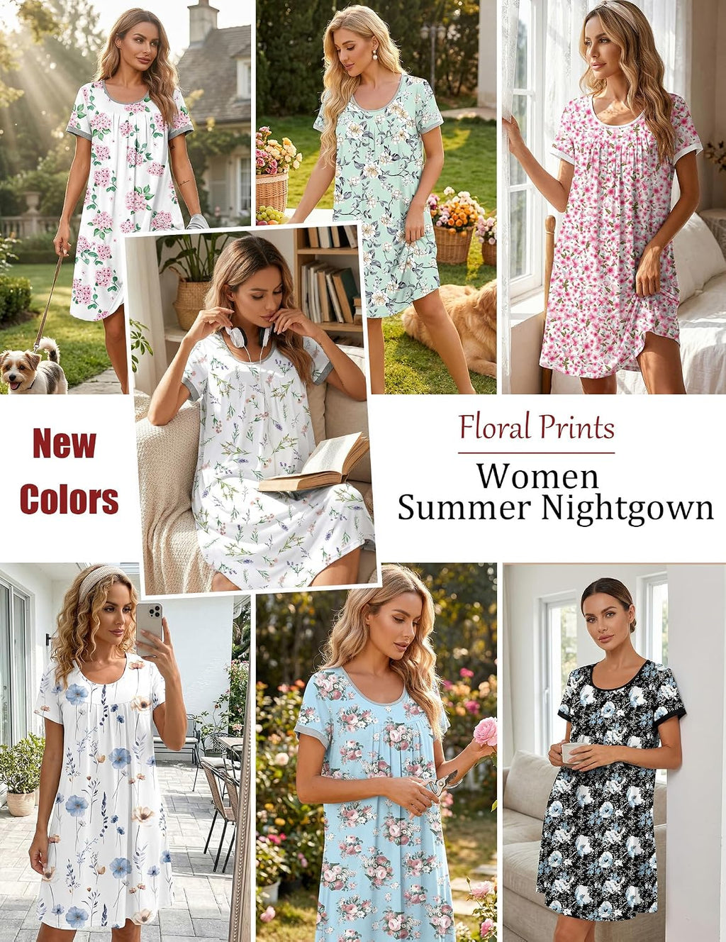 Ekouaer Womens Nightgown Short Sleeve Sleepwear Soft Pleated Sleepshirt