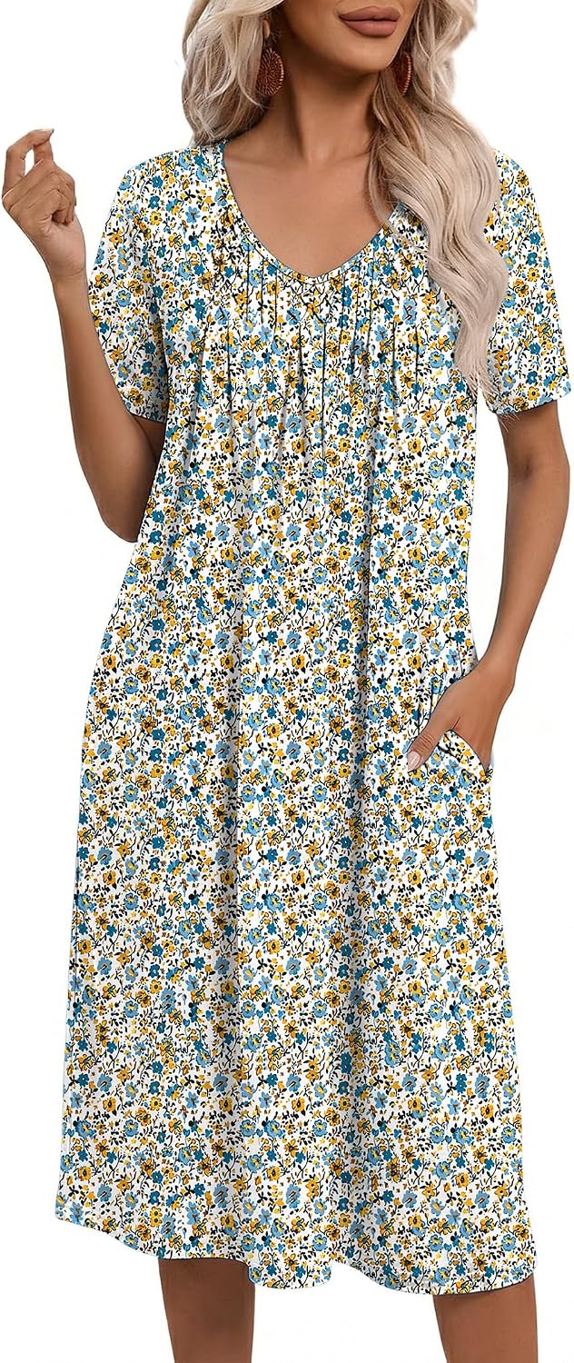Ekouaer Nightgowns for Women with Pockets House Dress Pleated Night Gowns