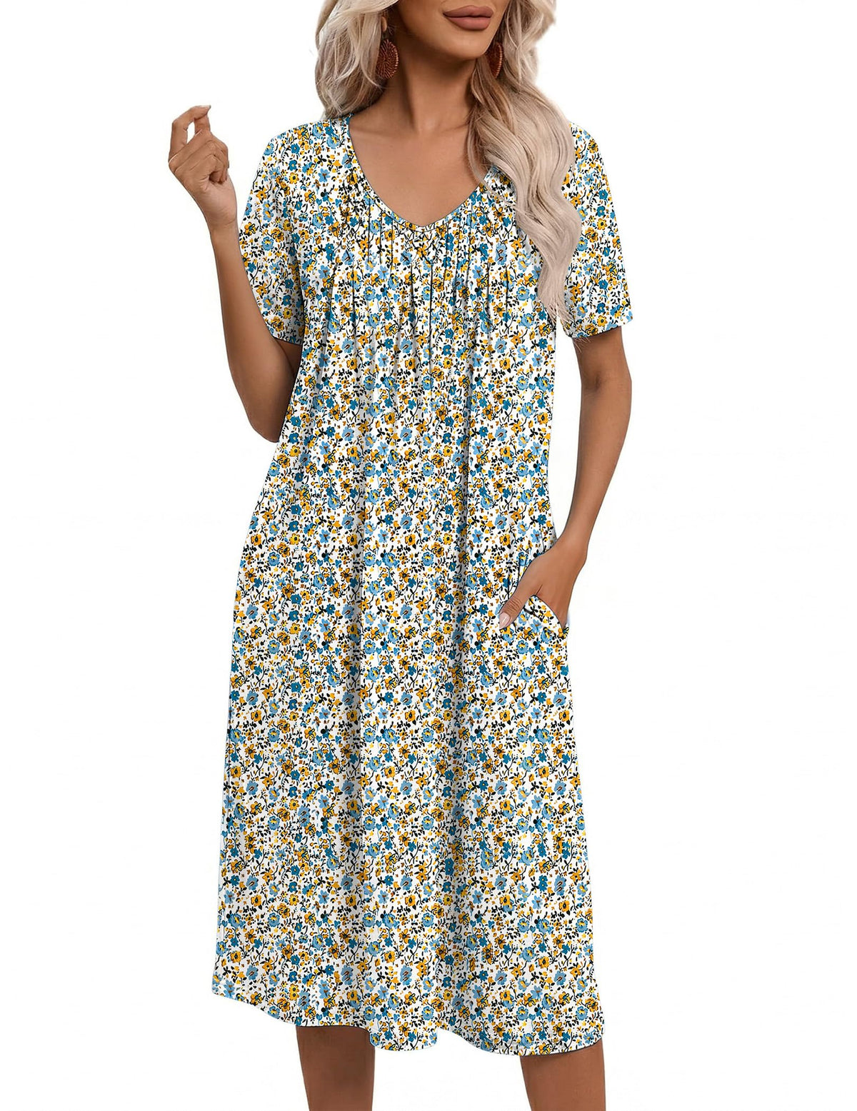 Ekouaer Nightgowns for Women with Pockets House Dress Pleated Night Gowns