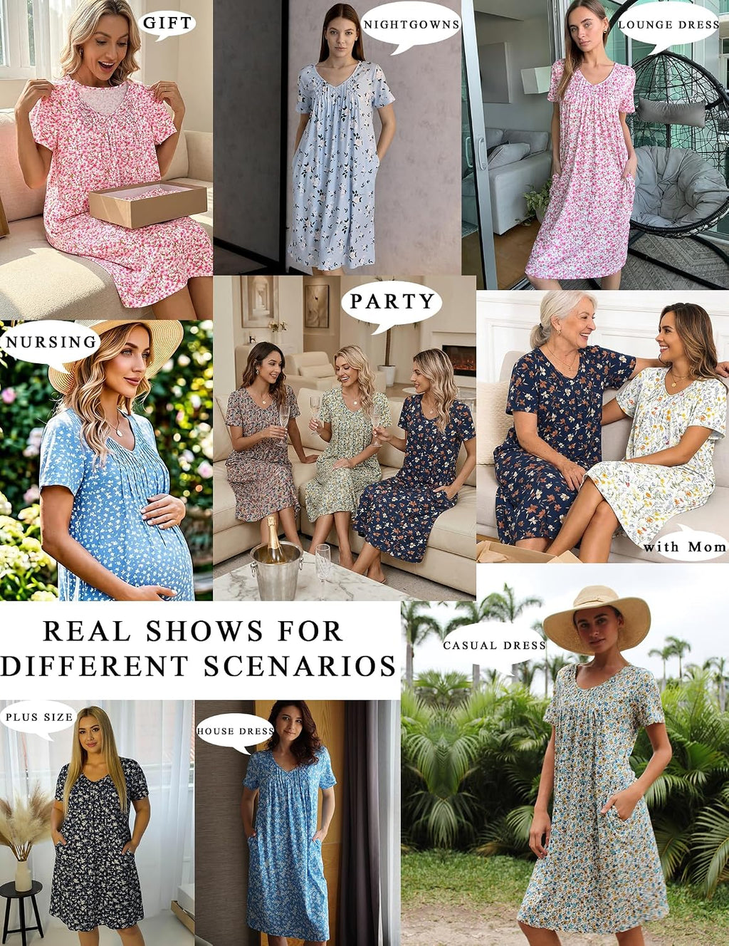 Ekouaer Nightgowns for Women with Pockets House Dress Pleated Night Gowns