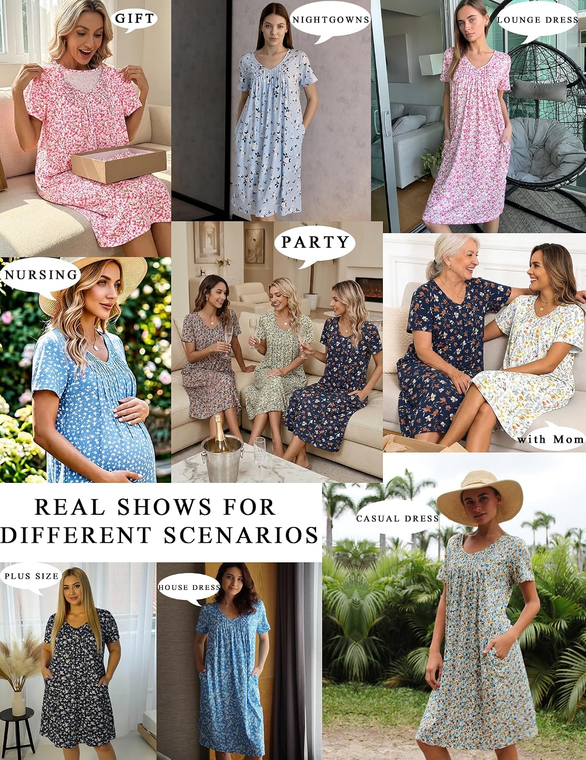 Ekouaer Nightgowns for Women with Pockets House Dress Pleated Night Gowns