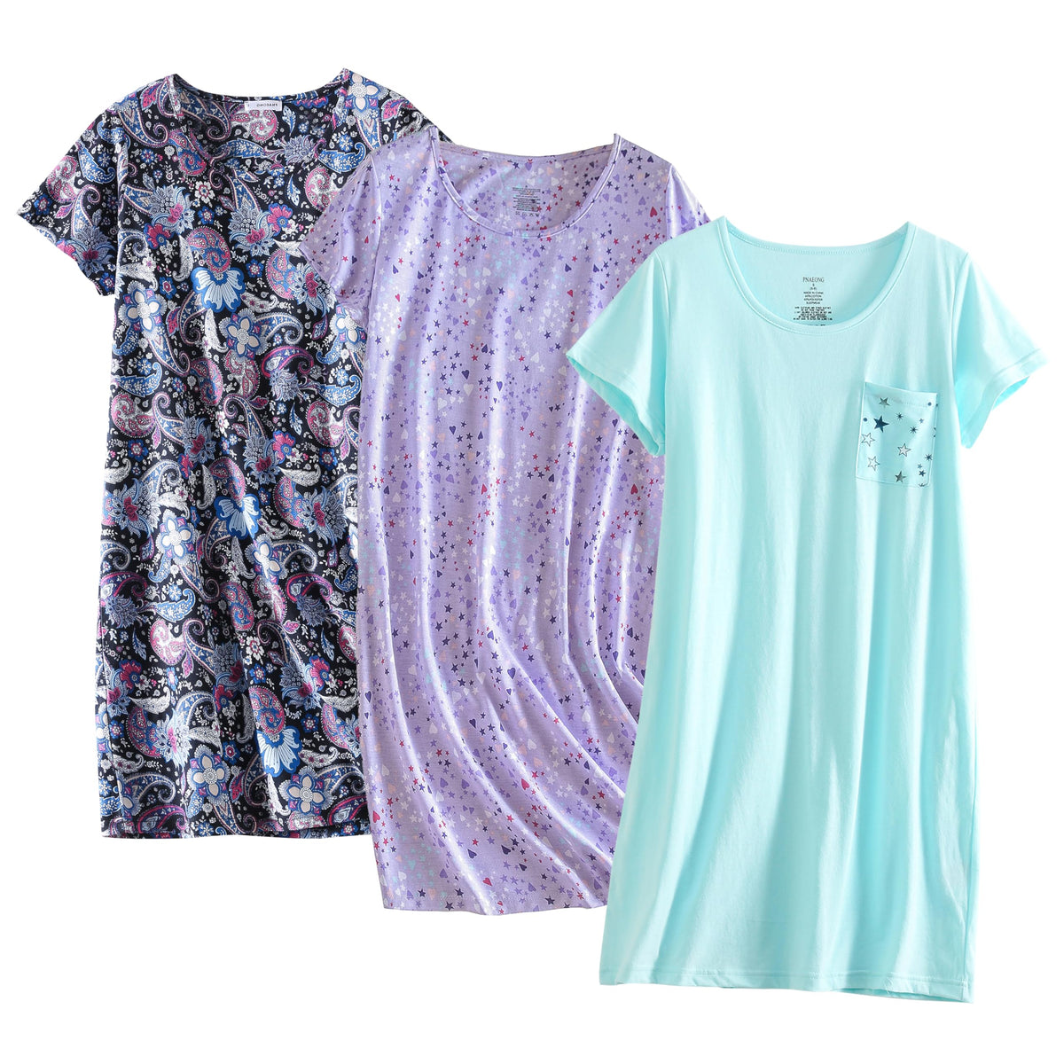 PNAEONG 3 Pack Women's Cotton Nightgown Short Sleeve Shirt Print Sleepdress