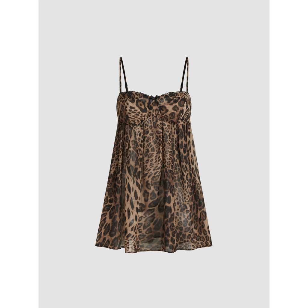 Cider Chiffon Leopard Bowknot Oversized Mini Nightdress Womenswear Strap Chemise Nightgown Lace Nightwear