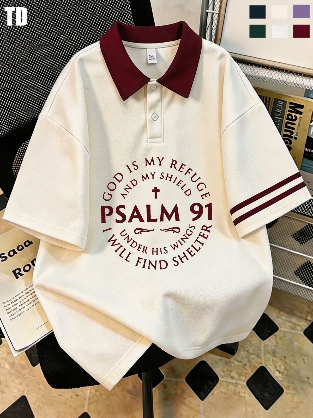 Td Psalm 91 God Is My Refuge Polo Shirt, Unisex Casual Blouse, Patchwork Design, Fitted Style, 6 Colors Available, Comfortable Short Sleeve Top