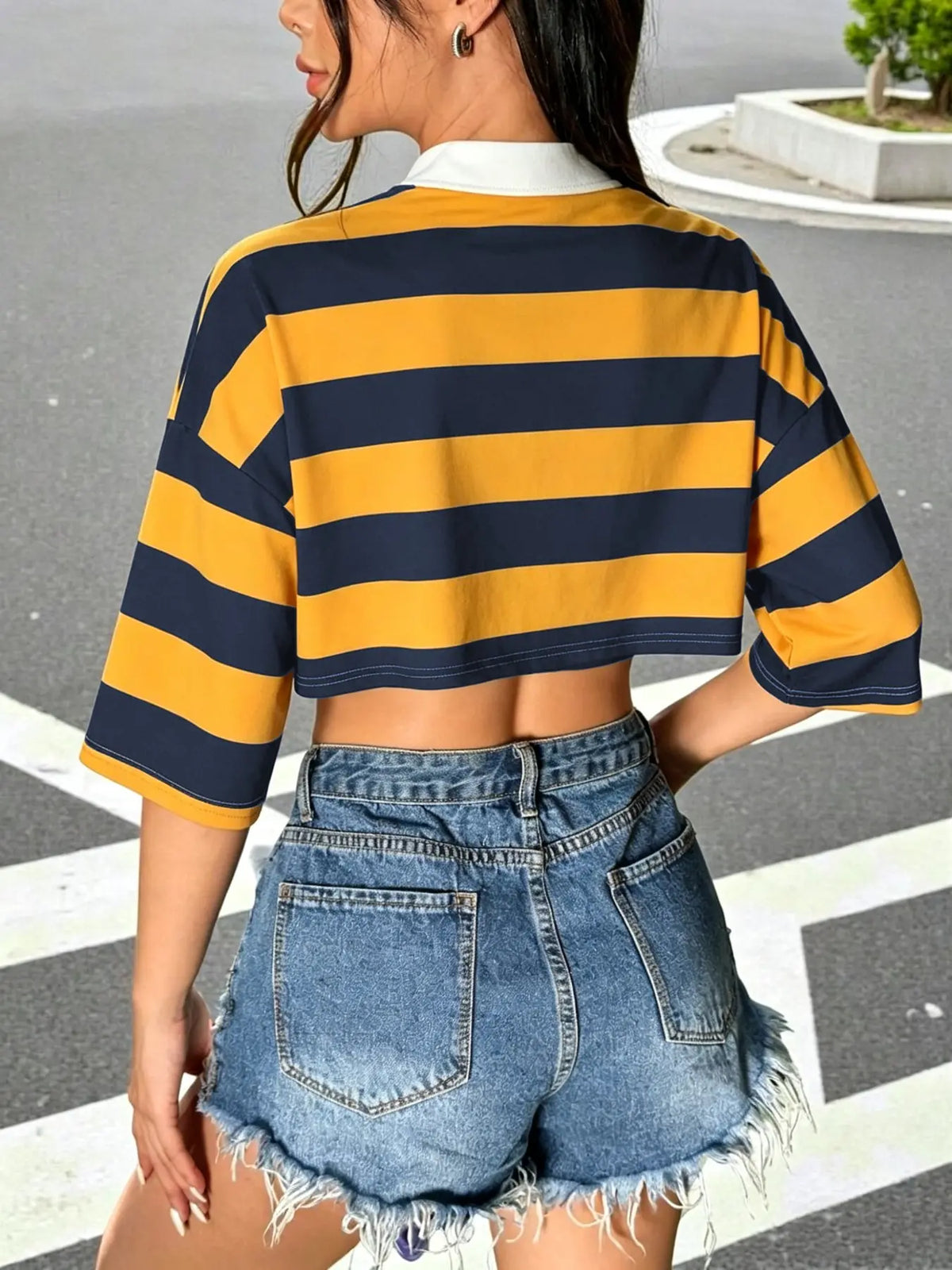 Women's Street Style Loose Fit Lightweight Short Striped Collared Polo Shirt, Casual Fashionable Versatile Breathable Summer Short Sleeve Top, Y2K Style Women's Clothing Streetwear