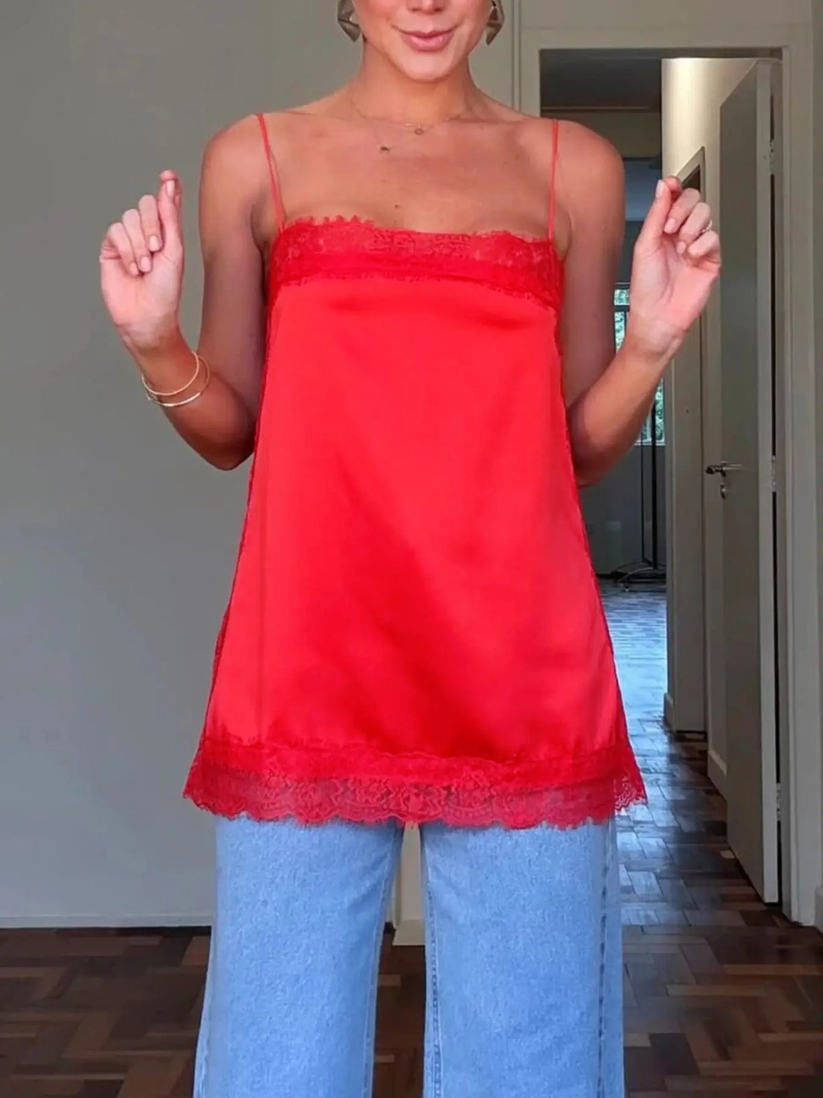 New Summer Satin Lace Tank Top, Loose A-Line Wearable Dress, Pure Desire Style Homewear, Casual Sleeveless Spaghetti Strap Fitted Top, Loungewear, Nightdress Sleeveless
