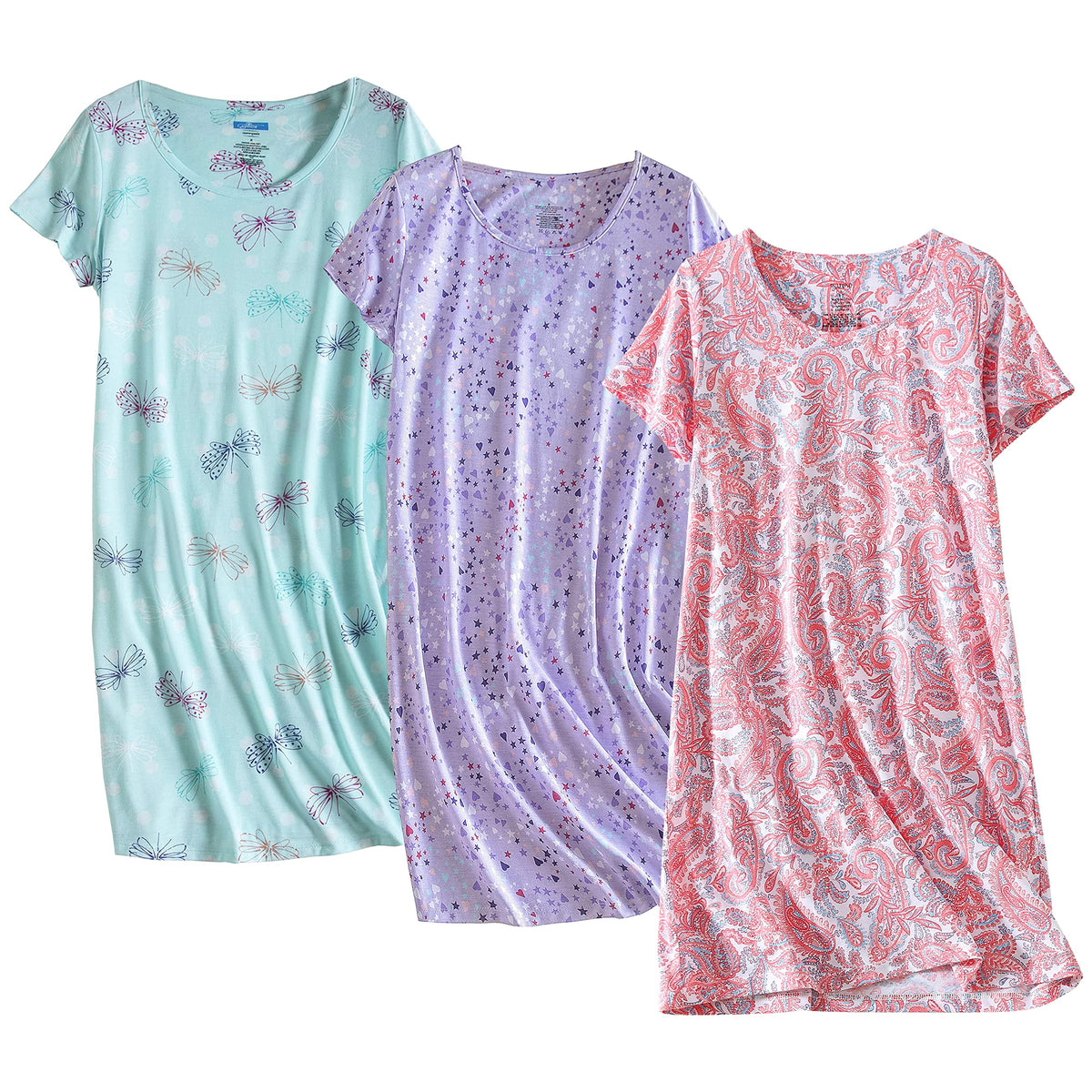 PNAEONG 3 Pack Women's Cotton Nightgown Short Sleeve Shirt Print Sleepdress