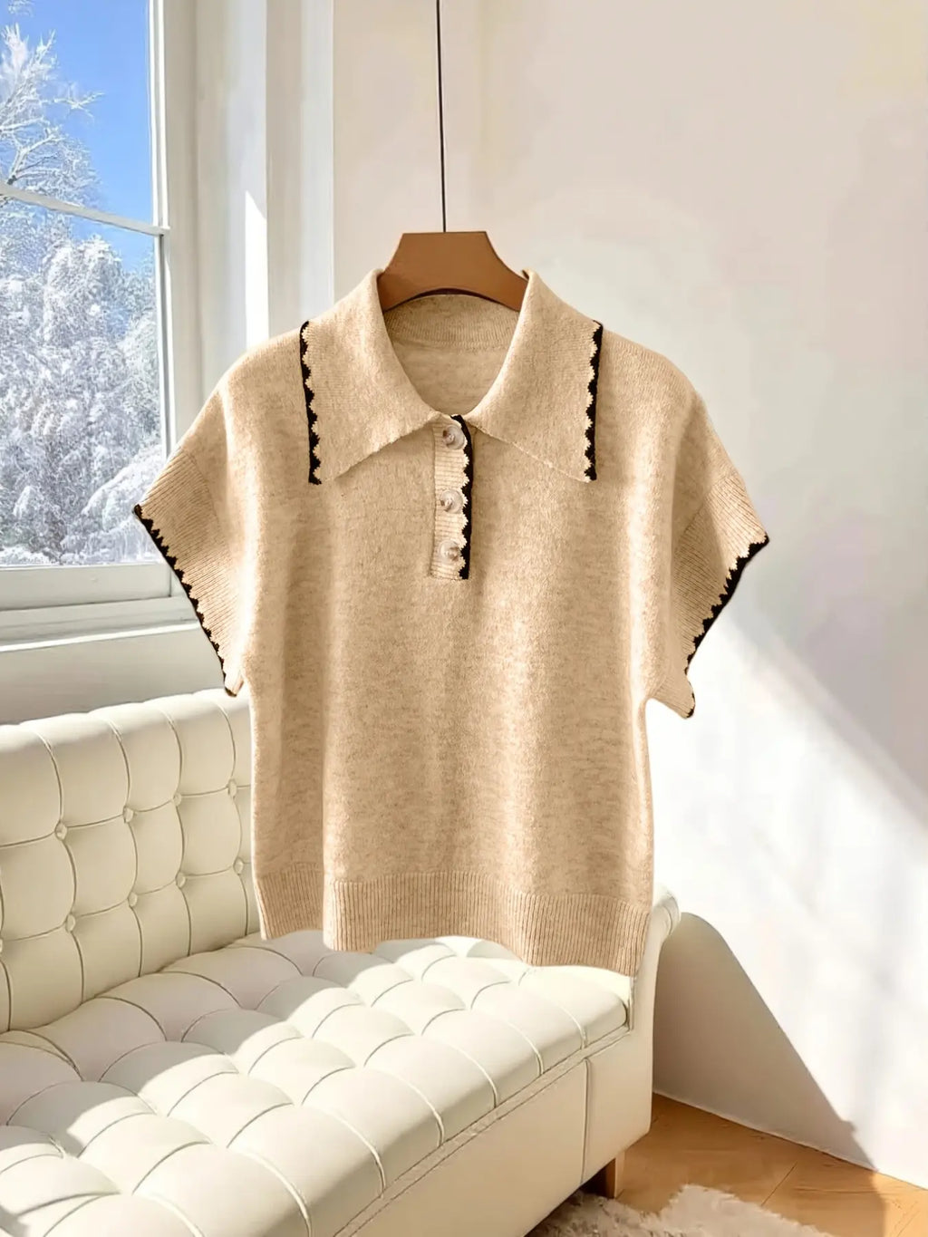 Women's Lapel Colorblock Button Knit Short Sleeve T-Shirt, Elegant Casual Style, Perfect for Spring and Summer, Comfortable and Stylish