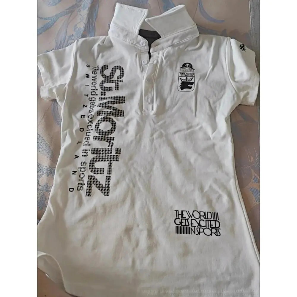 Women's Slim-Fitting Vintage Harajuku Polo Shirt - 2025 White Short-Sleeve Casual Button Clothing Item with Letter Badge Houndstooth Tops, Machine Washable Adult Wear-2598