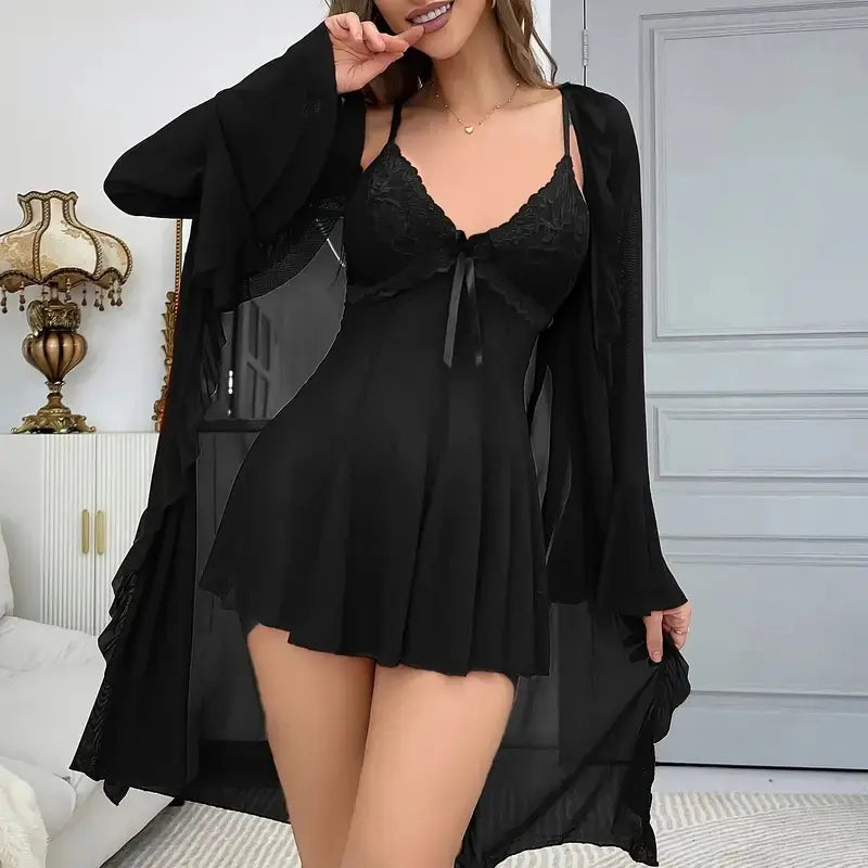 Women's 2-Piece Sexy Lace Lingerie Set - Cute Women's Sexywear, V-Neck Bodycon Bodysuit with Half-Sleeve Mesh Chemise Robe, Stretchy Breathable Lightweight Soft Nightwear