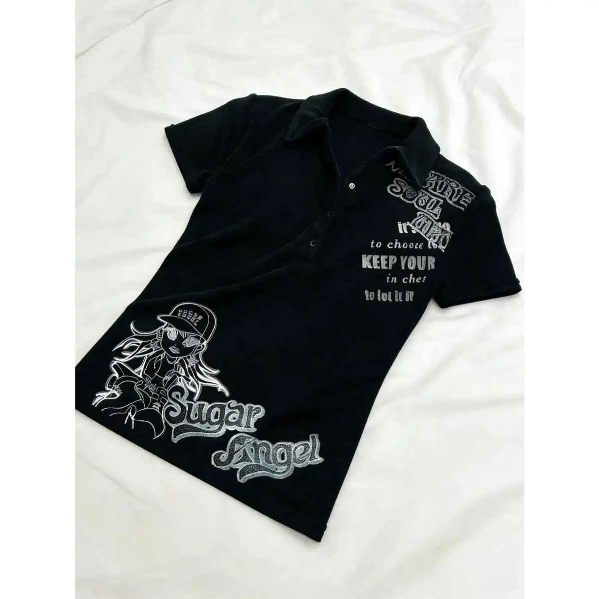 Women's Slim-Fitting Vintage Harajuku Polo Shirt - 2025 White Short-Sleeve Casual Button Clothing Item with Letter Badge Houndstooth Tops, Machine Washable Adult Wear-2598
