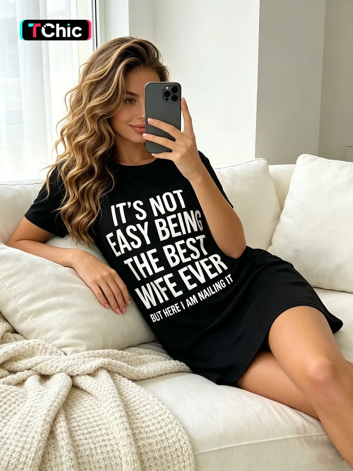 Women's Short Sleeve Round Neck Printed Nightgown, Spring Summer Wear, Black White Chic Slogan Print, Chic Aesthetic Style, Loose Fit, Breathable, For Daily Home Wear, Casual Wear And Home Office, Nightwear, Loungewear, Summer Sleepwear
