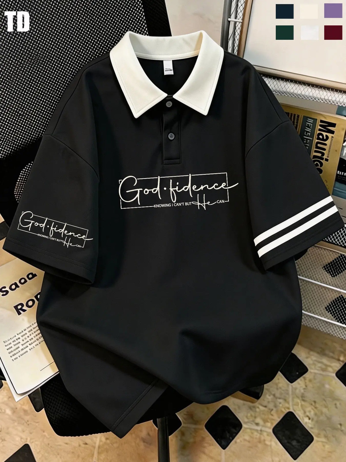Td Faith Inspired Script Print Polo Shirts, Double Striped Cuff, Unisex 6 Colors, Breathable Street Tops, Casual