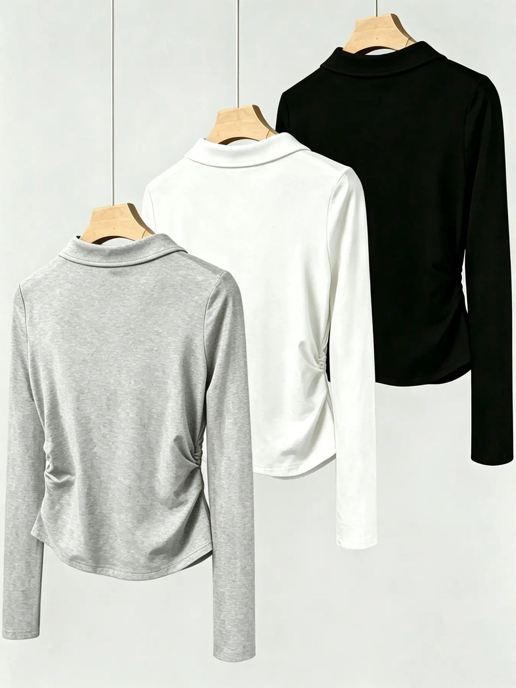 Women's Polo Collar Bow Embroidery Ruched Long Sleeve Top Shirts, Slim Fitted Stretch Knit, Office Layering & Casual Wear, 3 Packs
