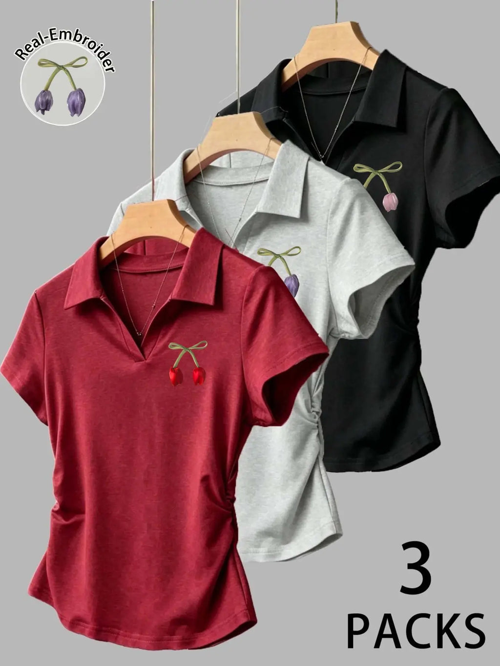 3-Pack Tulip Bow Embroidered Polo Short Sleeve T-Shirts, Waist Cinch Design, Fit, French Chic Style, Casual, Spring Summer Wear