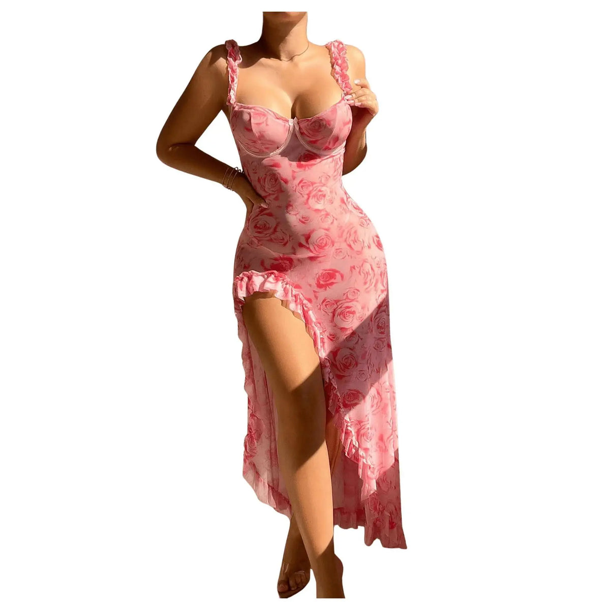 Women's 2-Piece Floral Lingerie Set - High Waist Asymmetrical Split Thigh Ruffle Babydoll Nightgown Chemise, Sleeveless Ruffle Detailing Lace Trim Semi-Sheer Dress Shows Just Enough, Hand Wash Only Soft Fabric Sleepwear Loungewear