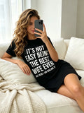 Women's Short Sleeve Round Neck Printed Nightgown, Spring Summer Wear, Black White Chic Slogan Print, Chic Aesthetic Style, Loose Fit, Breathable, For Daily Home Wear, Casual Wear And Home Office, Nightwear, Loungewear, Summer Sleepwear