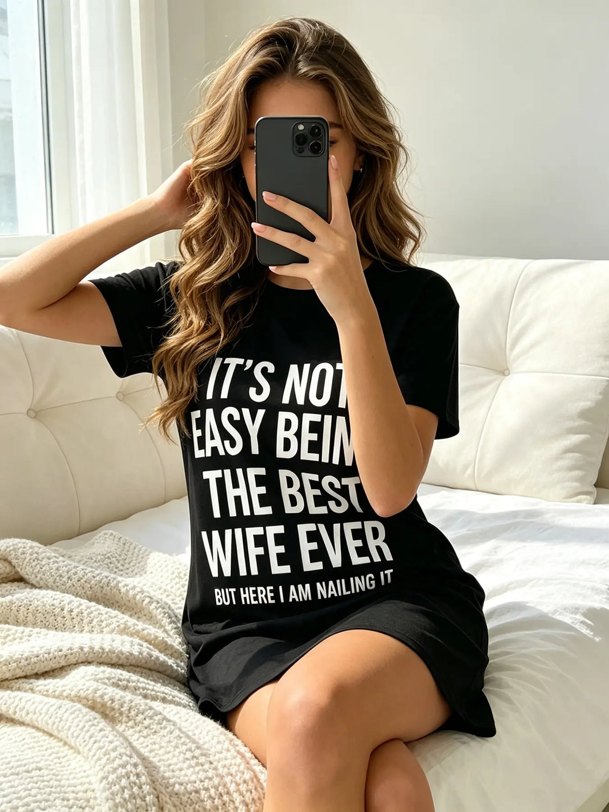 Women's Short Sleeve Round Neck Printed Nightgown, Spring Summer Wear, Black White Chic Slogan Print, Chic Aesthetic Style, Loose Fit, Breathable, For Daily Home Wear, Casual Wear And Home Office, Nightwear, Loungewear, Summer Sleepwear