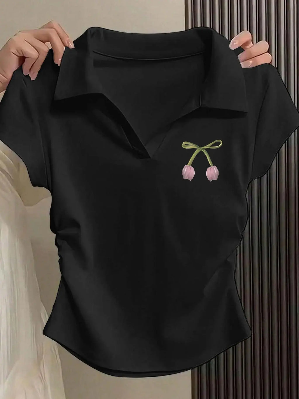 3-Pack Tulip Bow Embroidered Polo Short Sleeve T-Shirts, Waist Cinch Design, Fit, French Chic Style, Casual, Spring Summer Wear