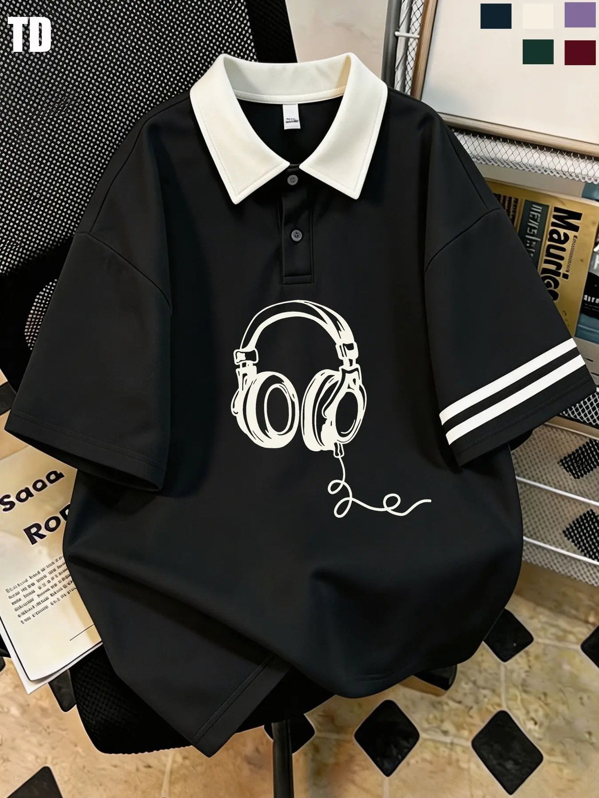 Td Retro Wired Headphones Graphic Polo Shirt, Unisex 5 Colors, Casual Summer Street Top, Fitted Patchwork Design, Music Lover Fashion Striped