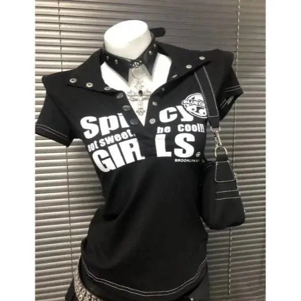 Women's Slim-Fitting Vintage Harajuku Polo Shirt - 2025 White Short-Sleeve Casual Button Clothing Item with Letter Badge Houndstooth Tops, Machine Washable Adult Wear-2598