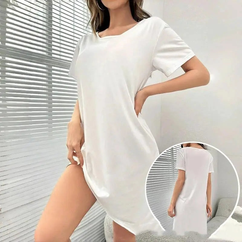 Women's Casual Basic Oversize Plain Short-Sleeve Milk Silk Mid-Thigh Nightdress - Soft, Lightweight, Breathable Polyester, Loose-Fit Multi-Size Loungewear, Spring Summer Sleep-Friendly Homewear (Up to 2XL)