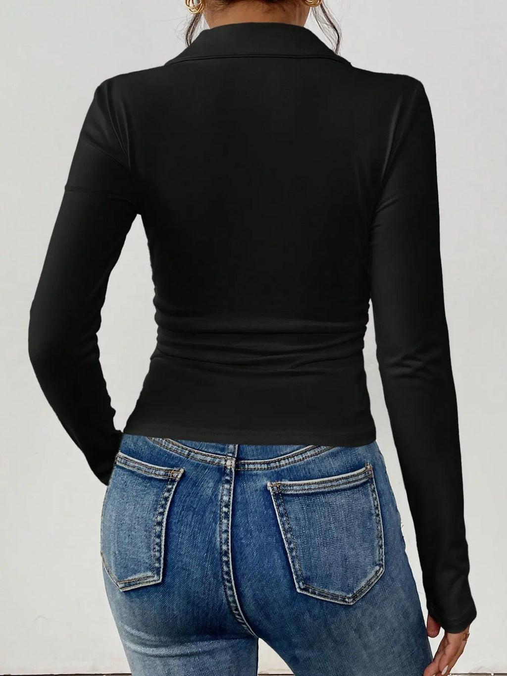 Women's Polo Collar Bow Embroidery Ruched Long Sleeve Top Shirts, Slim Fitted Stretch Knit, Office Layering & Casual Wear, 3 Packs