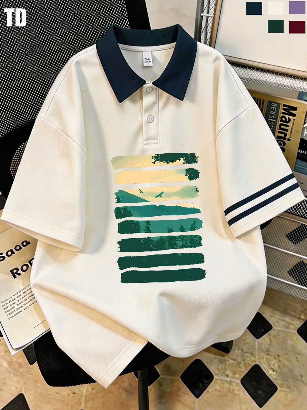 Td Retro Striped Mountain Forest Print Polo Shirt, Unisex Casual Summer Top, Collar, Double Striped Cuff, 5 Colors Available